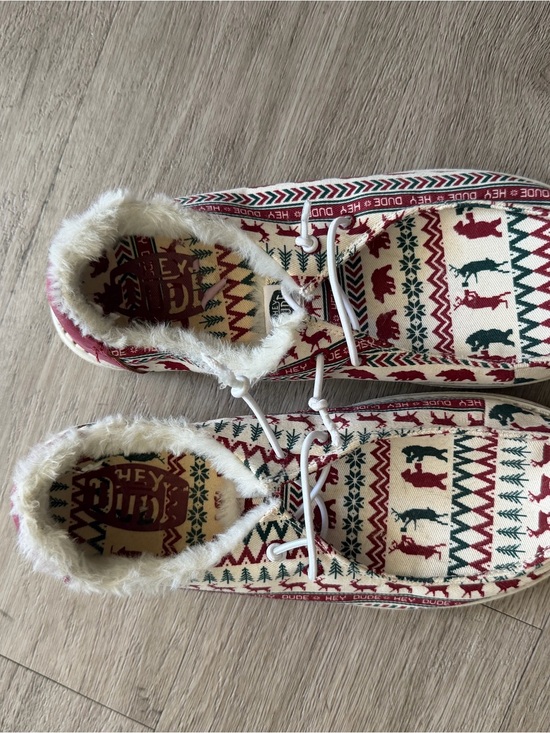 Hey Dude Shoes - Hey Dude Women's Cream, Red, Green Patterned Furry Lined Shoes